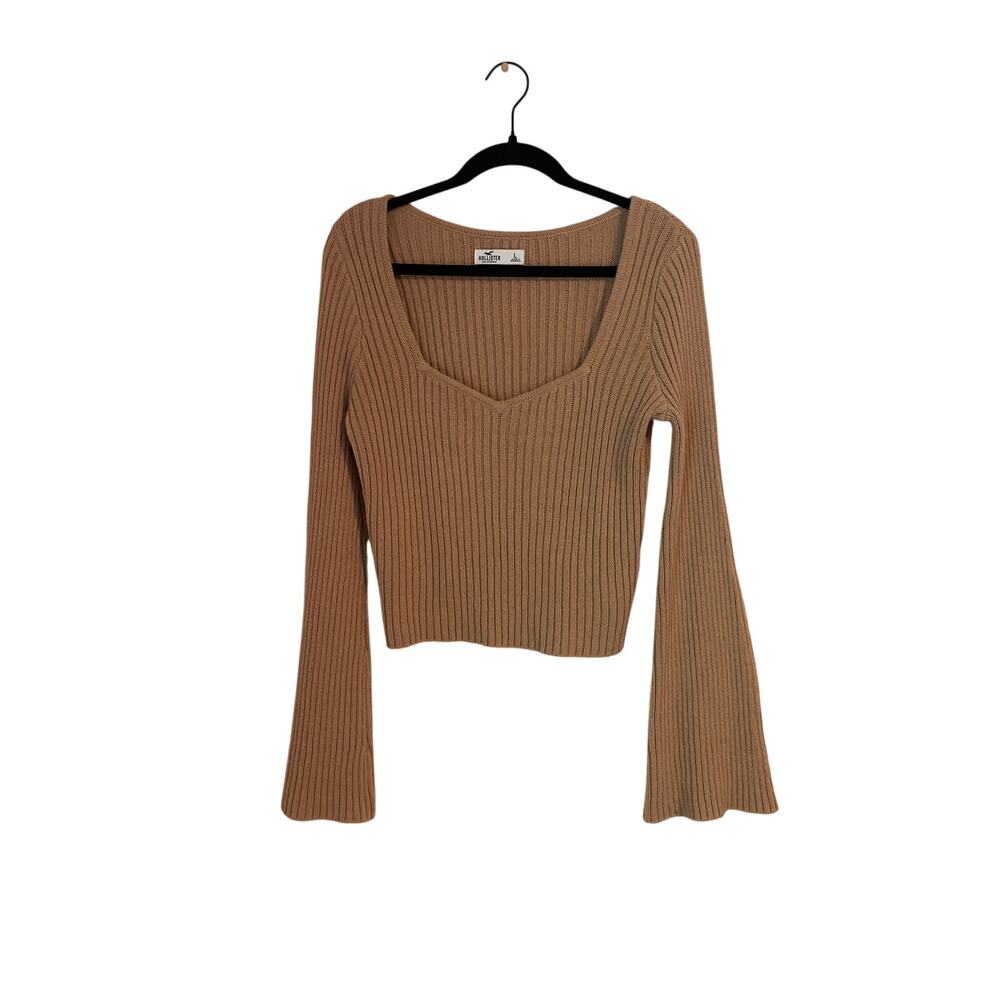 Hollister Ribbed Knit Crop Sweater Tan Bell Sleeve Long Sleeve Top Size Large
